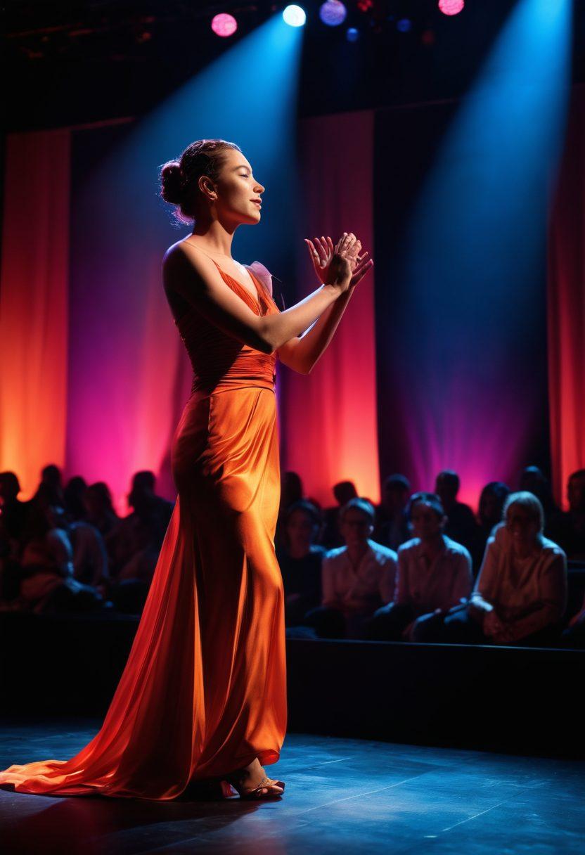 A captivating scene showcasing a vibrant stage with an audience captivated by a live performance. The atmosphere is infused with warm lighting, enhancing the sense of intimacy and connection. Include a diverse range of performers, both amateur and professional, engaging with their audience, highlighting the allure of the moment. The background should suggest a blend of excitement and respect, emphasizing the art of performance. 3D. vibrant colors. dramatic lighting.