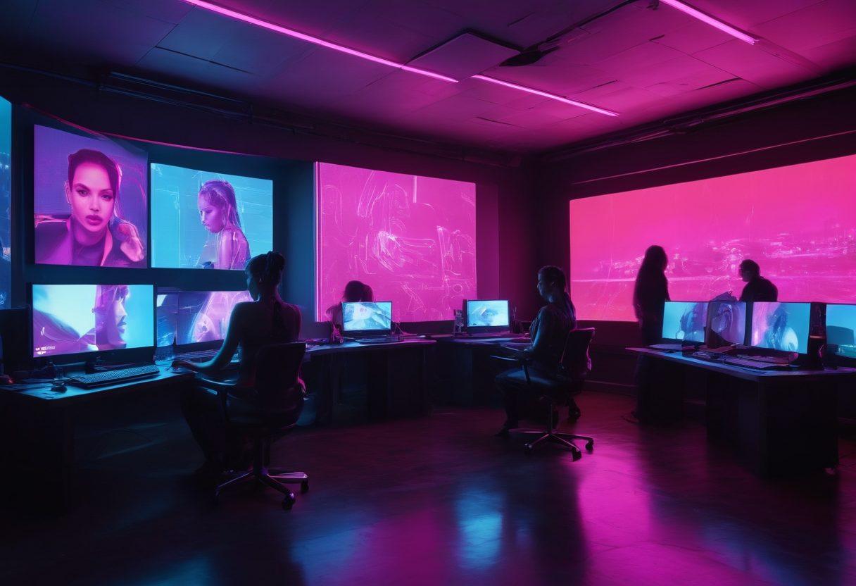A neon-lit room filled with a vibrant array of computer screens showcasing diverse cam performers engaging with viewers through alluring expressions. Soft, ambient lighting enhances the intimate atmosphere, while silhouettes of viewers interact, adding a lively touch. The background features subtle hints of technology and sensuality, creating a captivating blend. cyberpunk. vibrant colors.