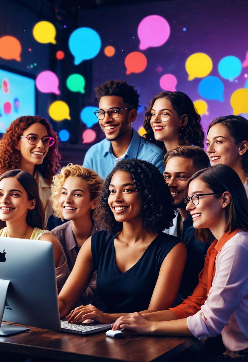 A captivating scene featuring a diverse group of individuals engaged in a lively live streaming session, surrounded by glowing computer screens and colorful chat bubbles. The atmosphere is vibrant and inviting, filled with an array of expressive emojis and playful interactions. Soft, warm lighting envelops the scene to create an intimate yet exciting ambiance. Include hints of romance and allure in the visual elements to represent sensual encounters. 3D illustration. vibrant colors.